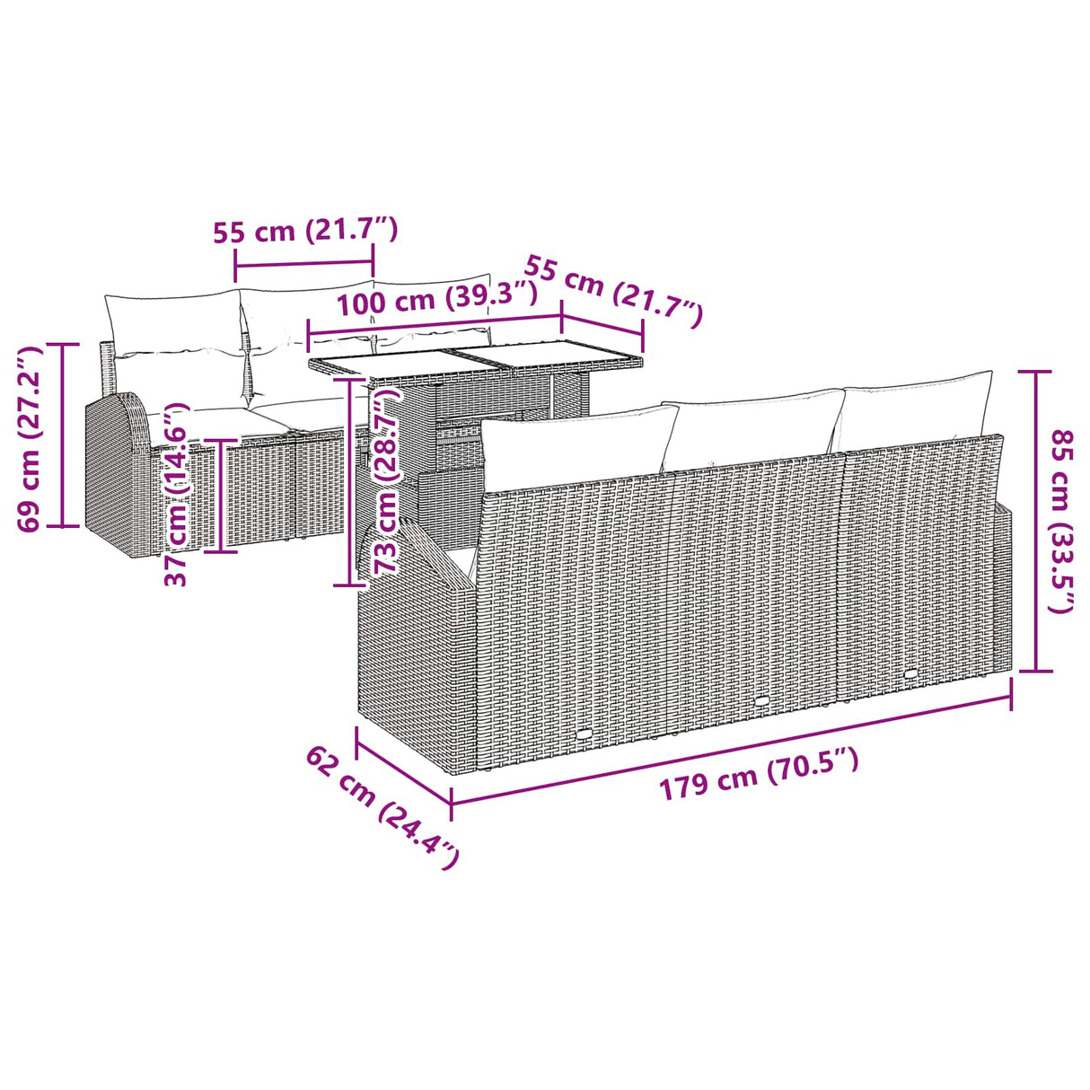 vidaXL Tuinbank Set met kussen 7 pcs Bruin Poly rattan