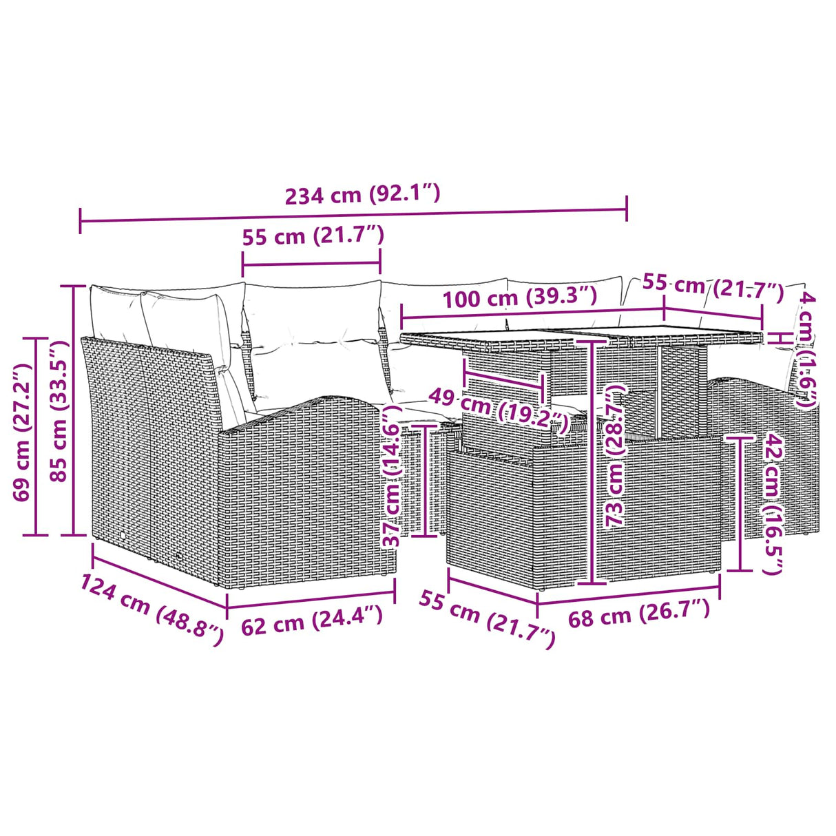 vidaXL Tuinbank Set met kussen 7 pcs Bruin poly rattan
