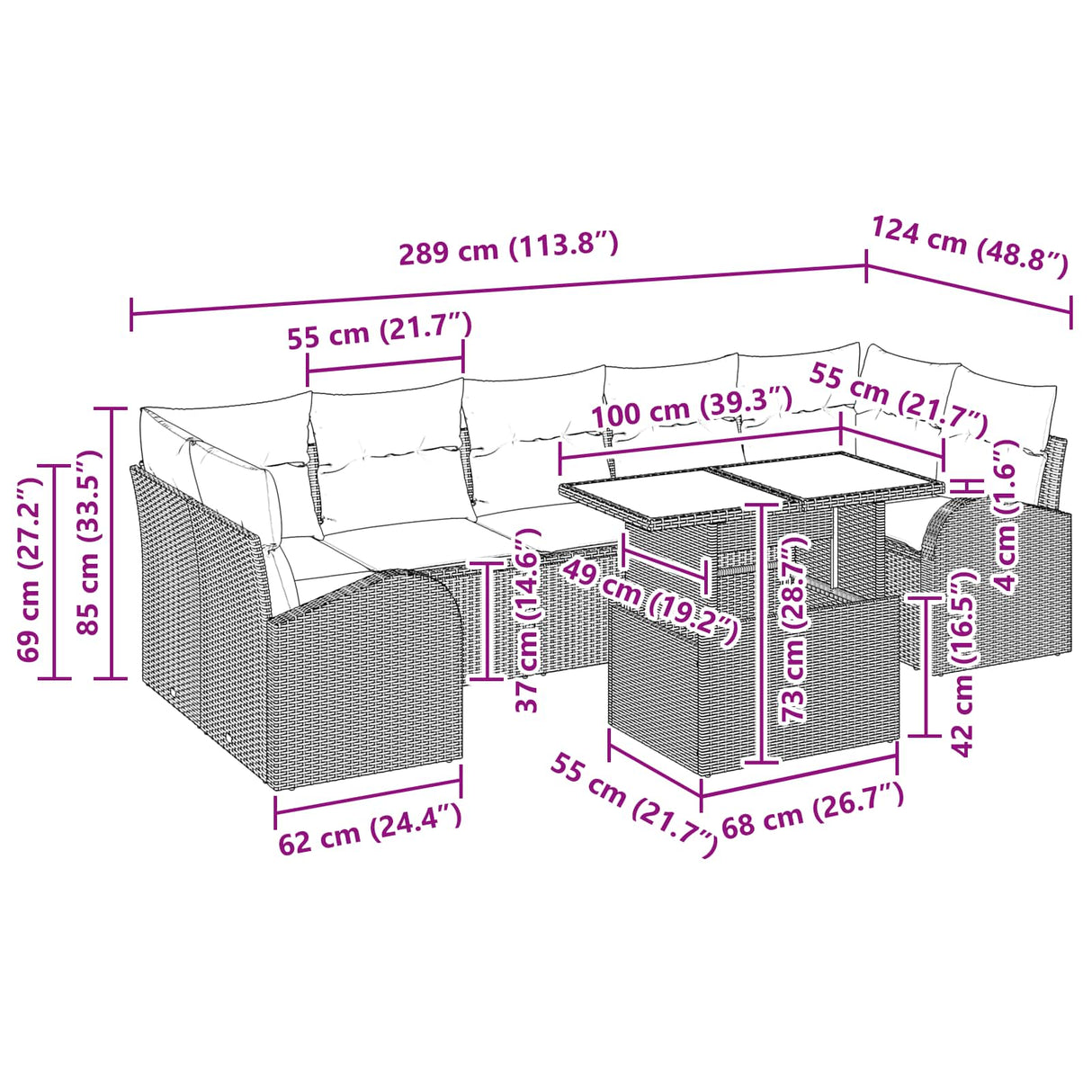 vidaXL Tuinbank Set met opslag 8 pcs Bruin poly rattan