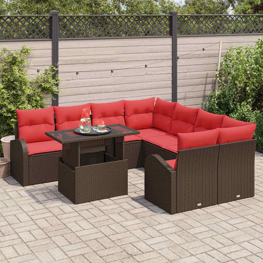 vidaXL Garden Lounge Set with Storage 9 pcs Brown Poly Rattan