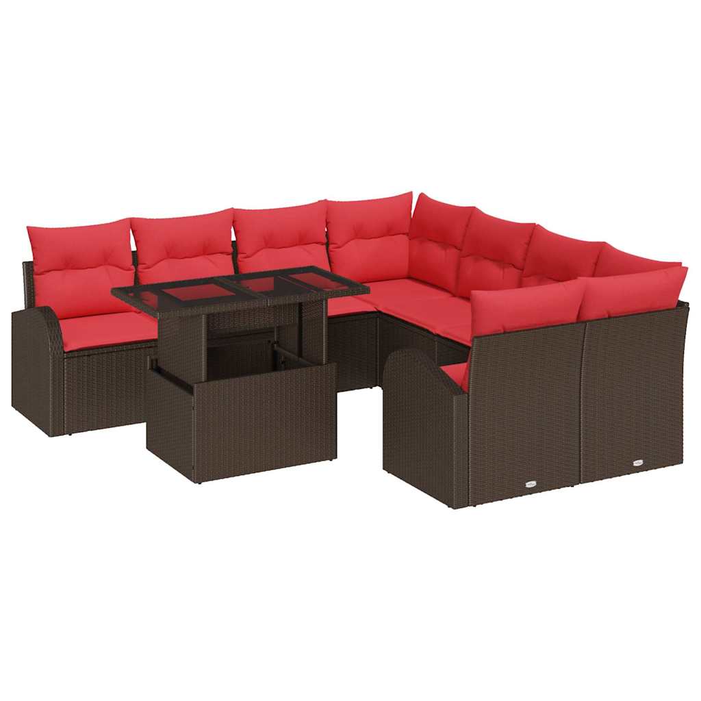 vidaXL Garden Lounge Set with Storage 9 pcs Brown Poly Rattan