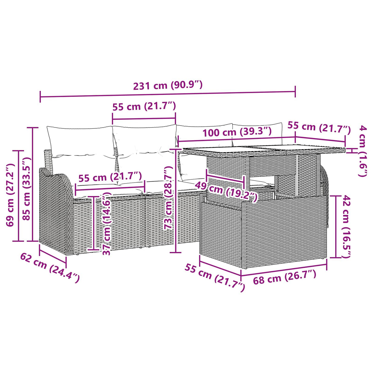 vidaXL Tuinbank Set met opslag 6 pcs Bruin poly rattan