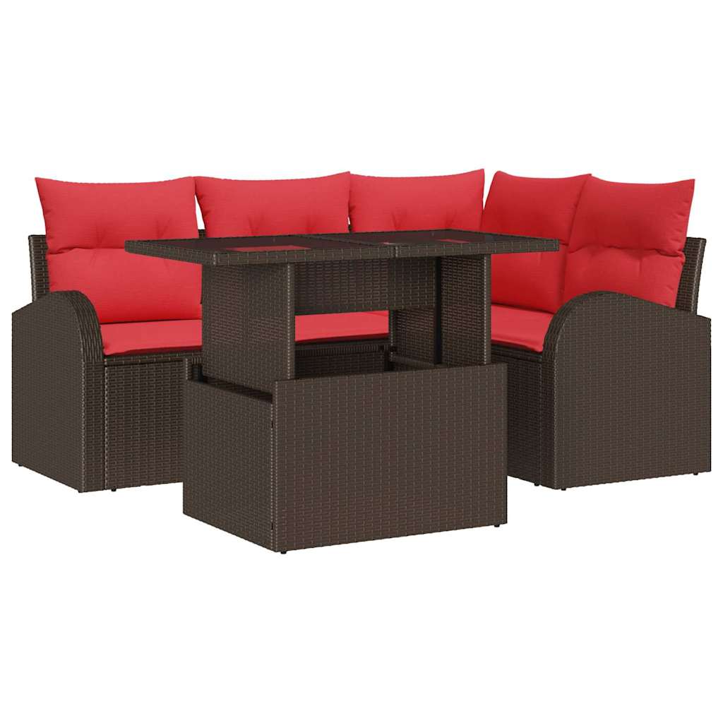 vidaXL Tuinbank Set met opslag 5 pcs Bruin en Rood poly rattan