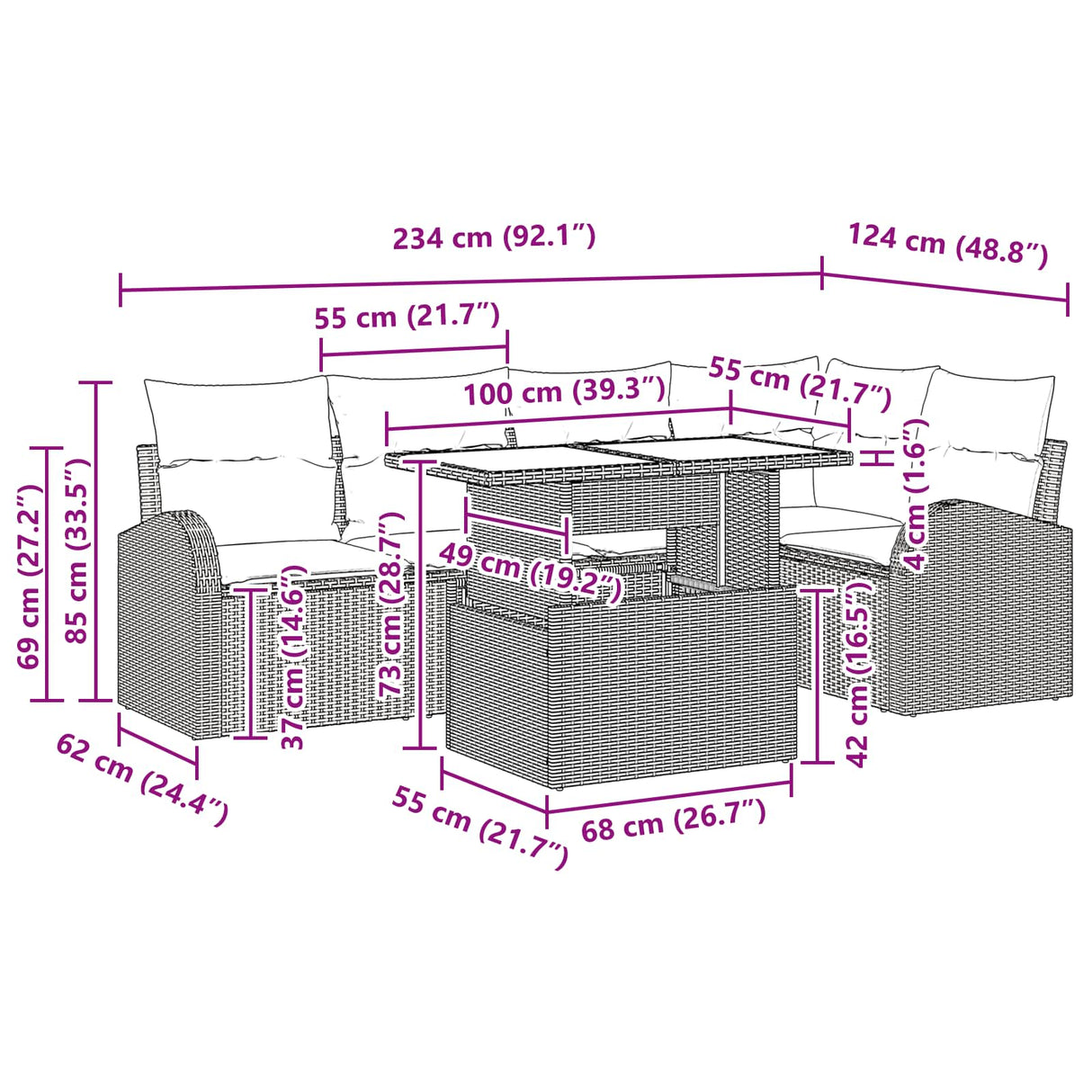 vidaXL Tuinbank Set met kussen 6 pcs Bruin en rood poly rattan