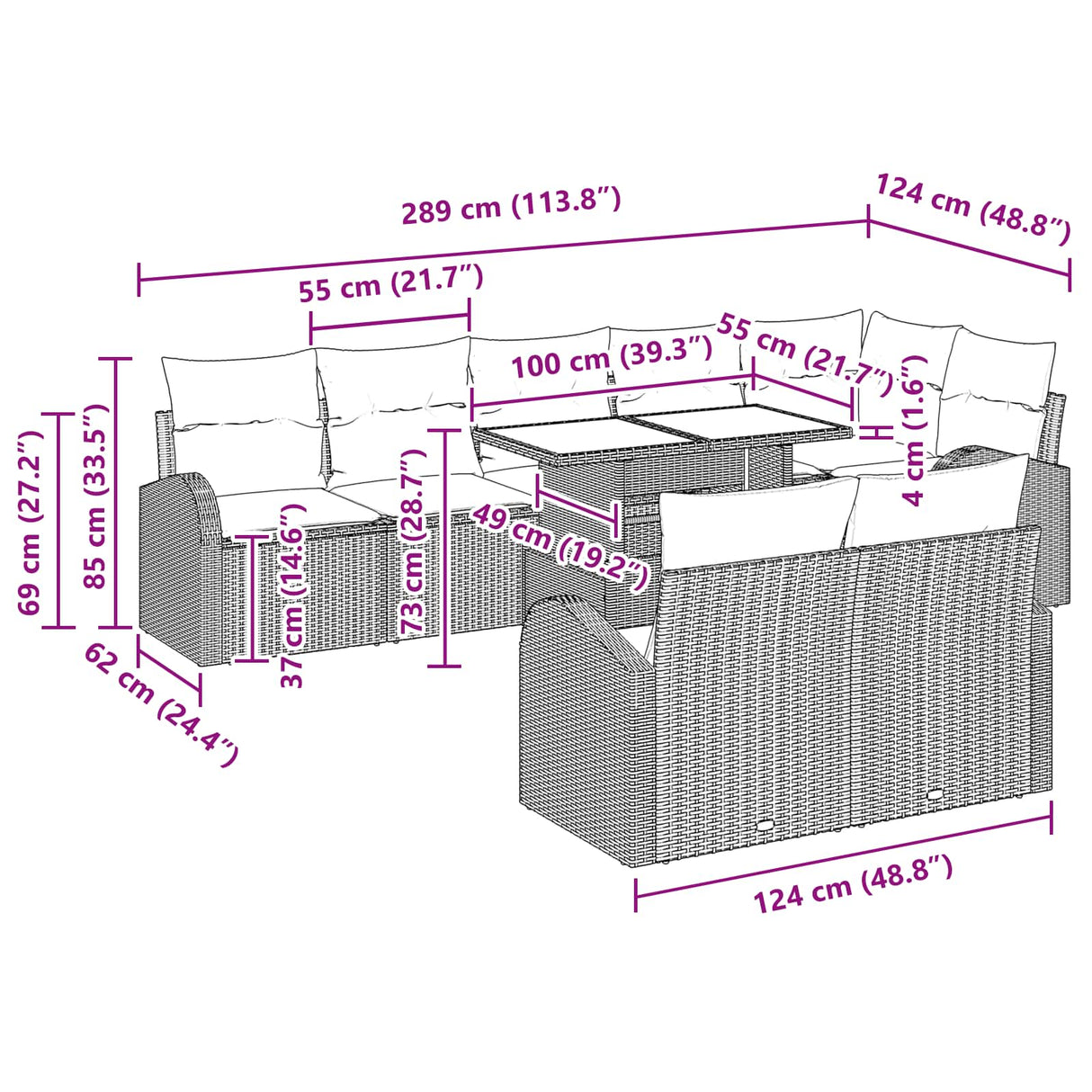 vidaXL Tuinbank Set met opslag 9 pcs Bruin en Rood poly rattan