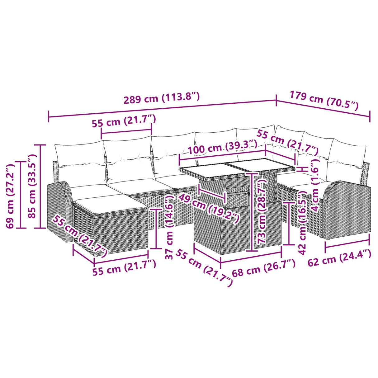 vidaXL Garden Lounge Set with Storage 9 pcs Brown and Red poly rattan