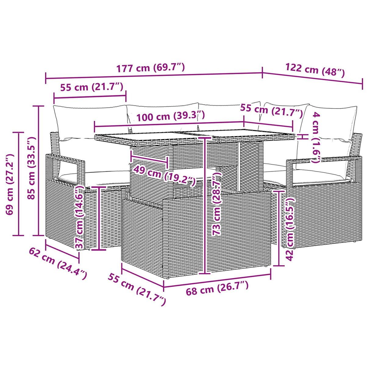 vidaXL Tuinbank Set met opslag 5 pcs Bruin en Rood poly rattan