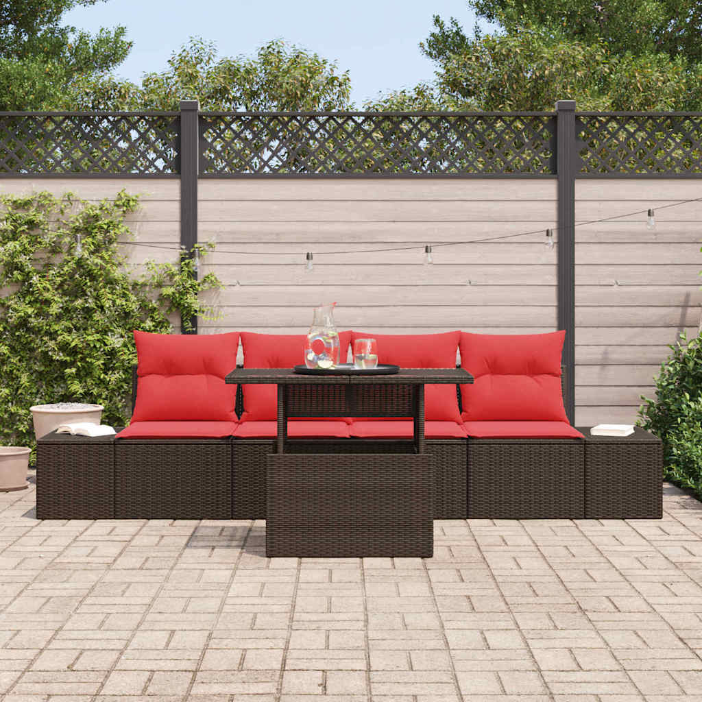 vidaXL Bankstel met kussen 5 pcs Bruin en Rood poly rattan