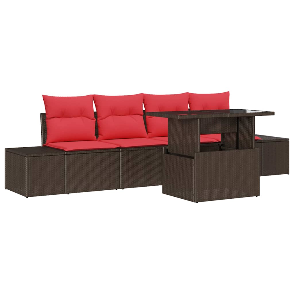 vidaXL Bankstel met kussen 5 pcs Bruin en Rood poly rattan