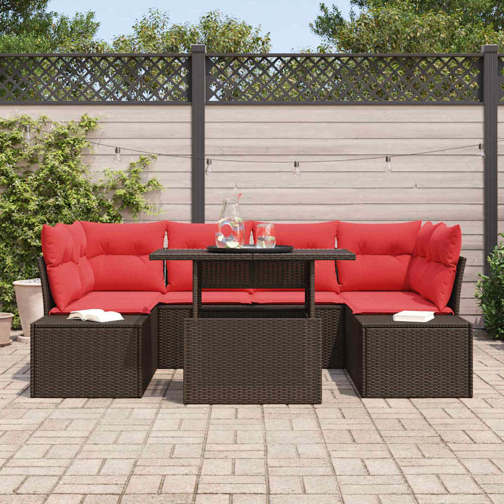 vidaXL Bankstel met kussen 7 pcs Bruin en Rood poly rattan