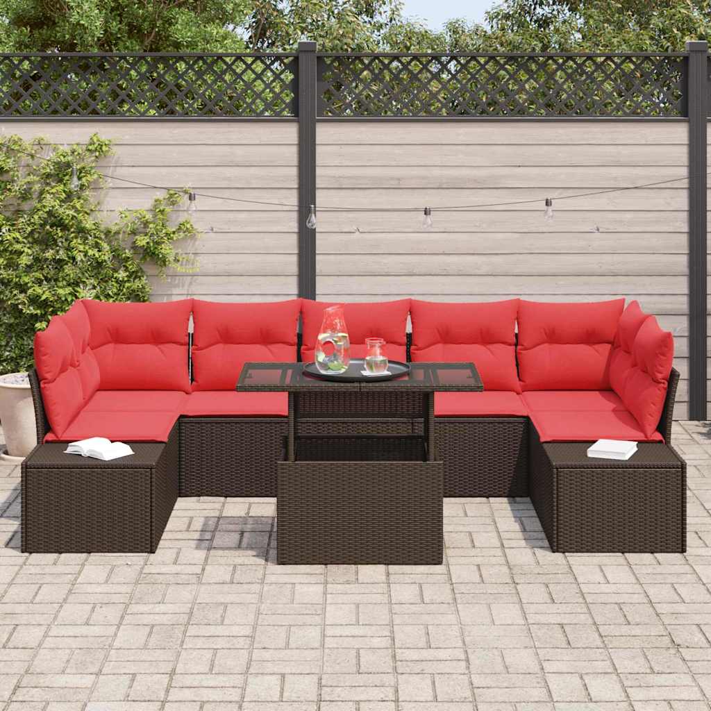 vidaXL Tuinbank Set met kussen 8 pcs Bruin en Rood poly rattan
