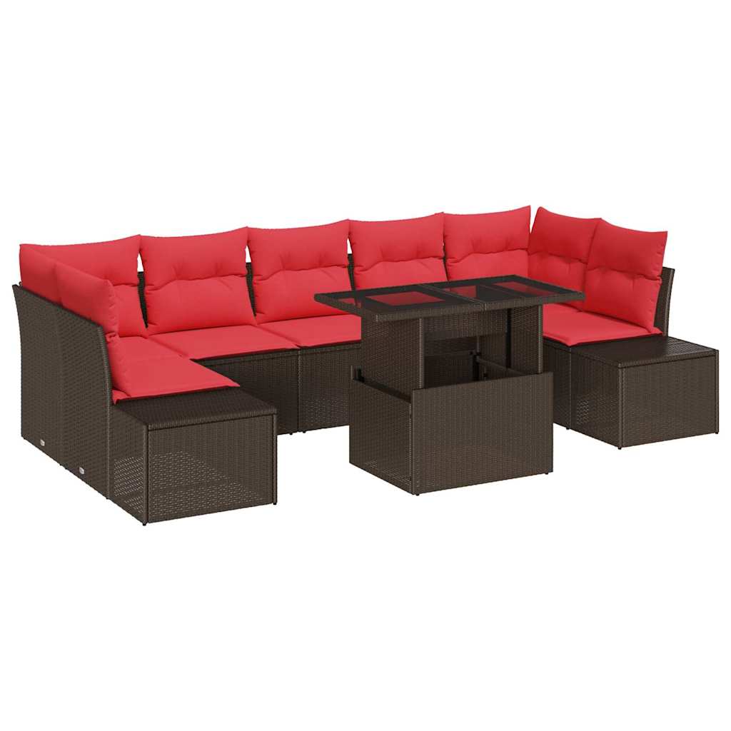 vidaXL Tuinbank Set met kussen 8 pcs Bruin en Rood poly rattan
