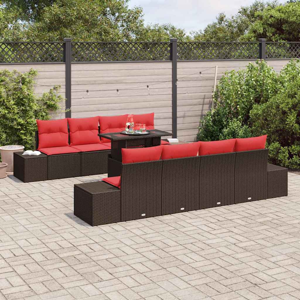 vidaXL Tuinbank Set met kussen 9 pcs Bruin en Rood poly rattan