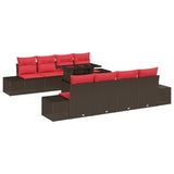 vidaXL Tuinbank Set met kussen 9 pcs Bruin en Rood poly rattan