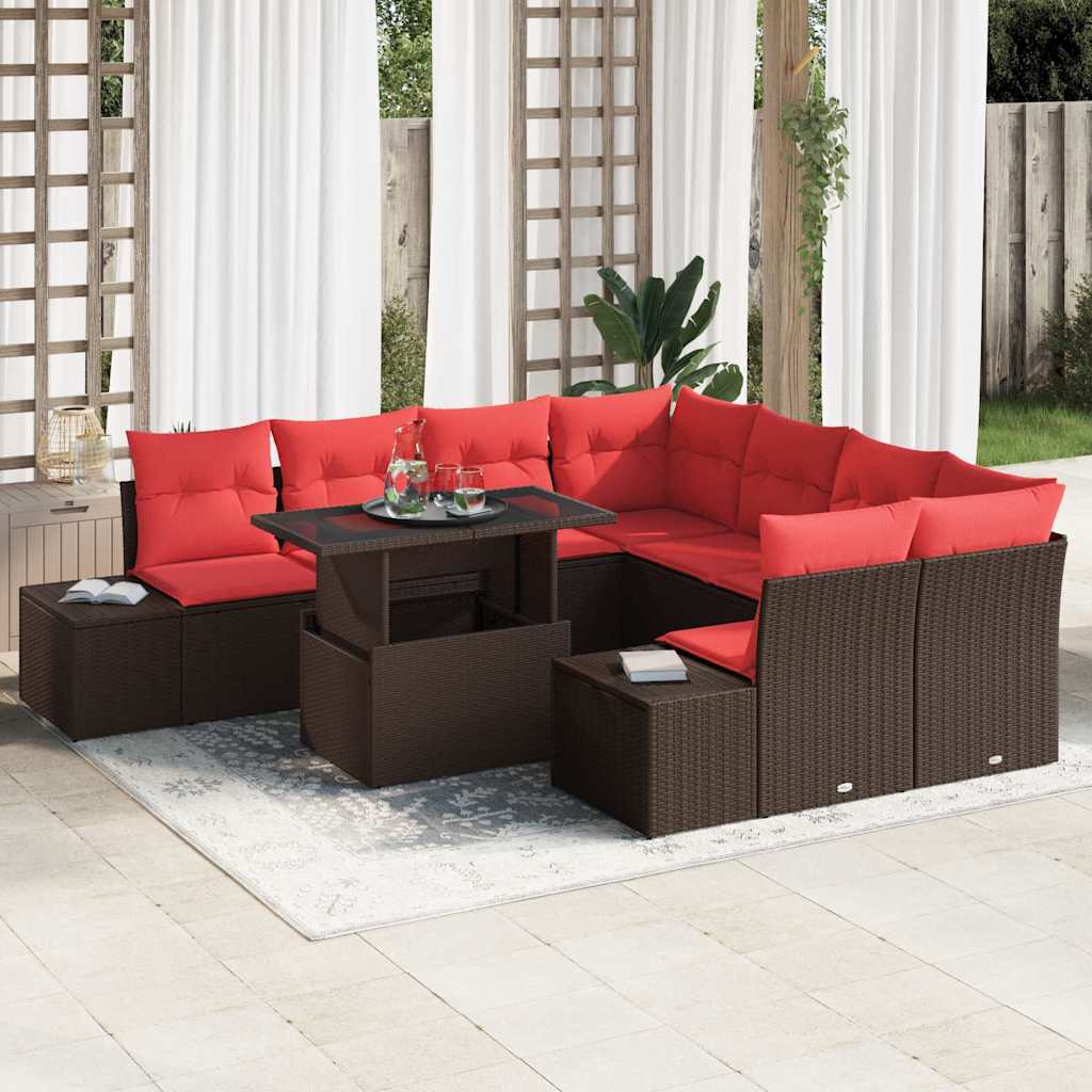 vidaXL Tuinbank Set met kussen 9 pcs Bruin en Rood poly rattan