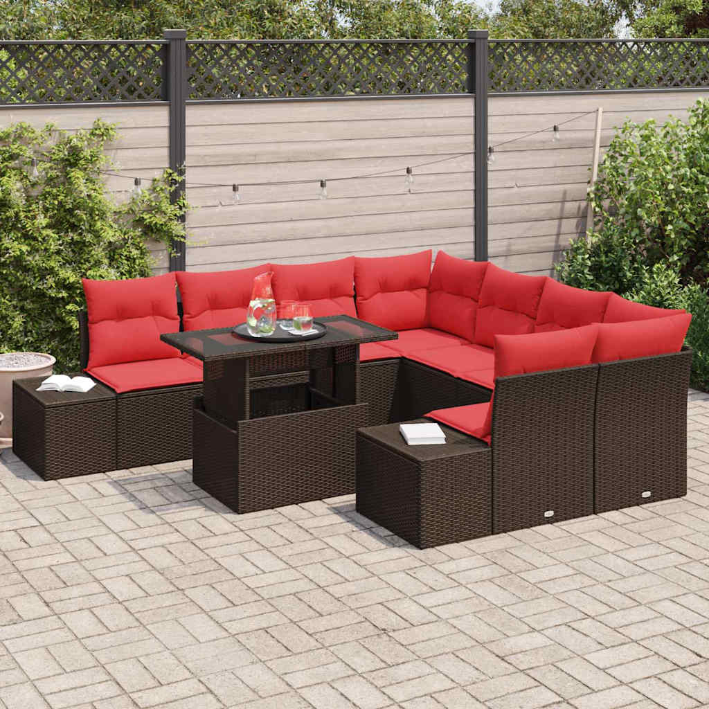 vidaXL Tuinbank Set met kussen 9 pcs Bruin en Rood poly rattan