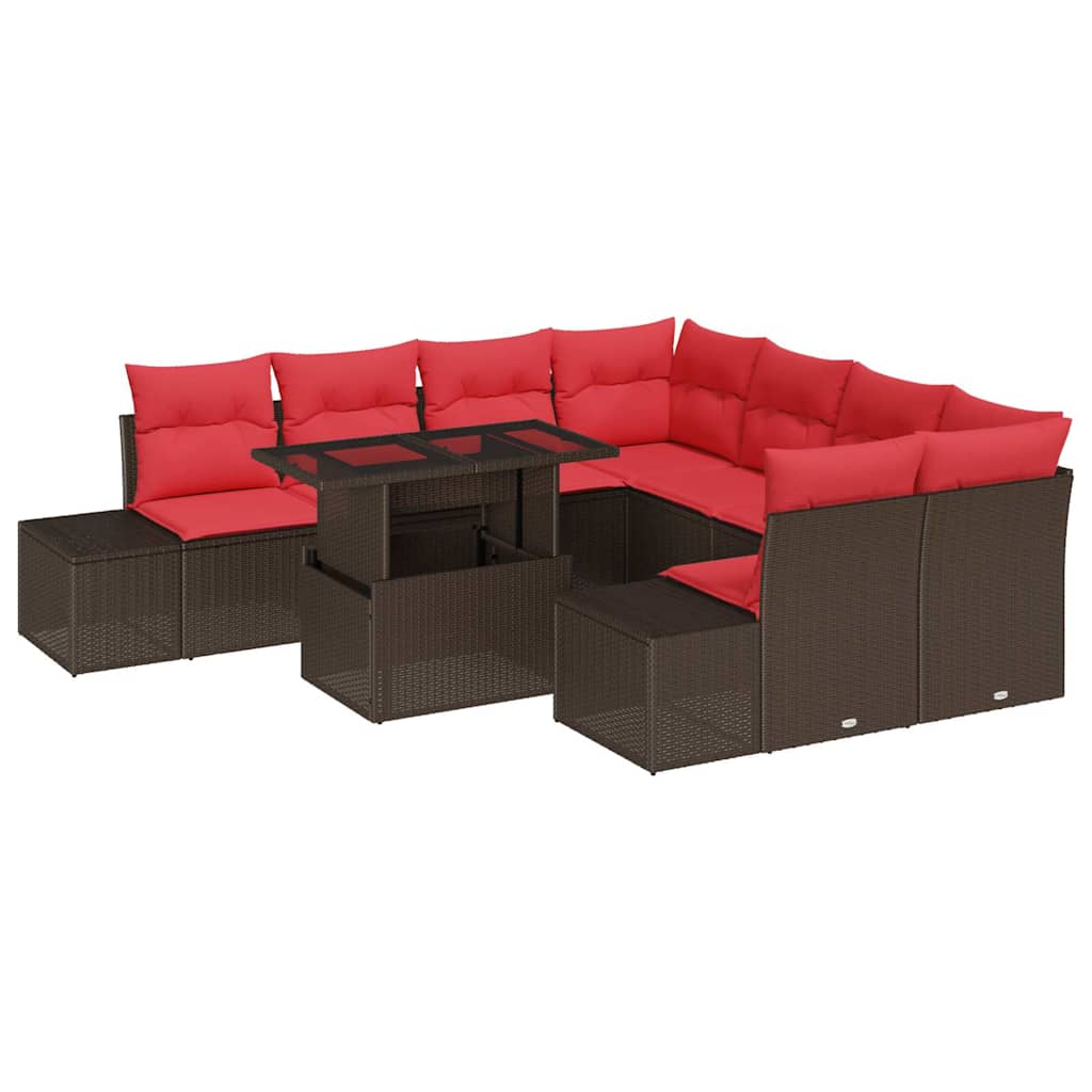 vidaXL Tuinbank Set met kussen 9 pcs Bruin en Rood poly rattan