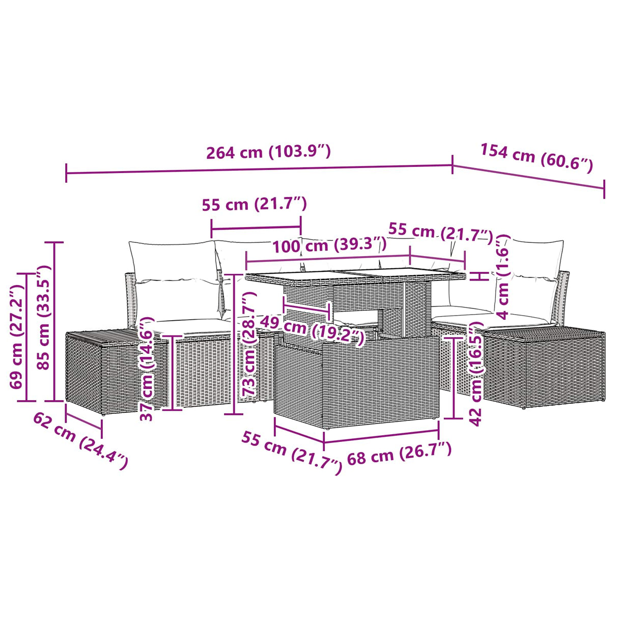 vidaXL Tuinbank Set met kussen met opslag 6 pcs Bruin en rood
