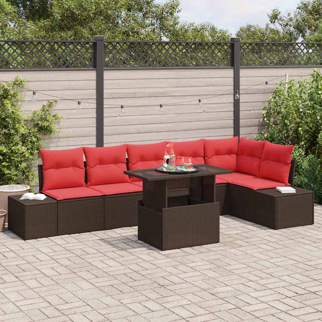vidaXL Garden Sofa Set with Cushions 7 pcs Brown and Red Poly Rattan