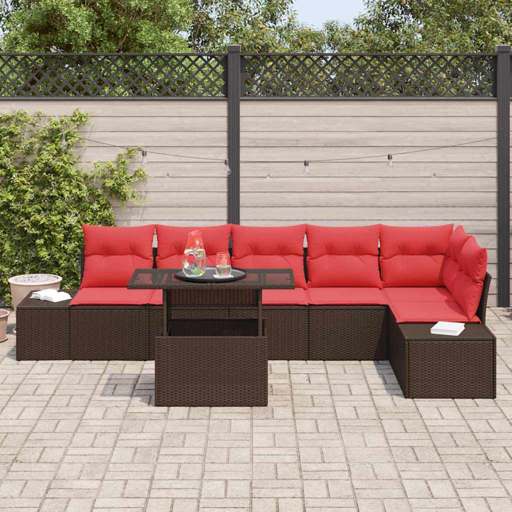 vidaXL Garden Sofa Set with Cushions 7 pcs Brown and Red Poly Rattan