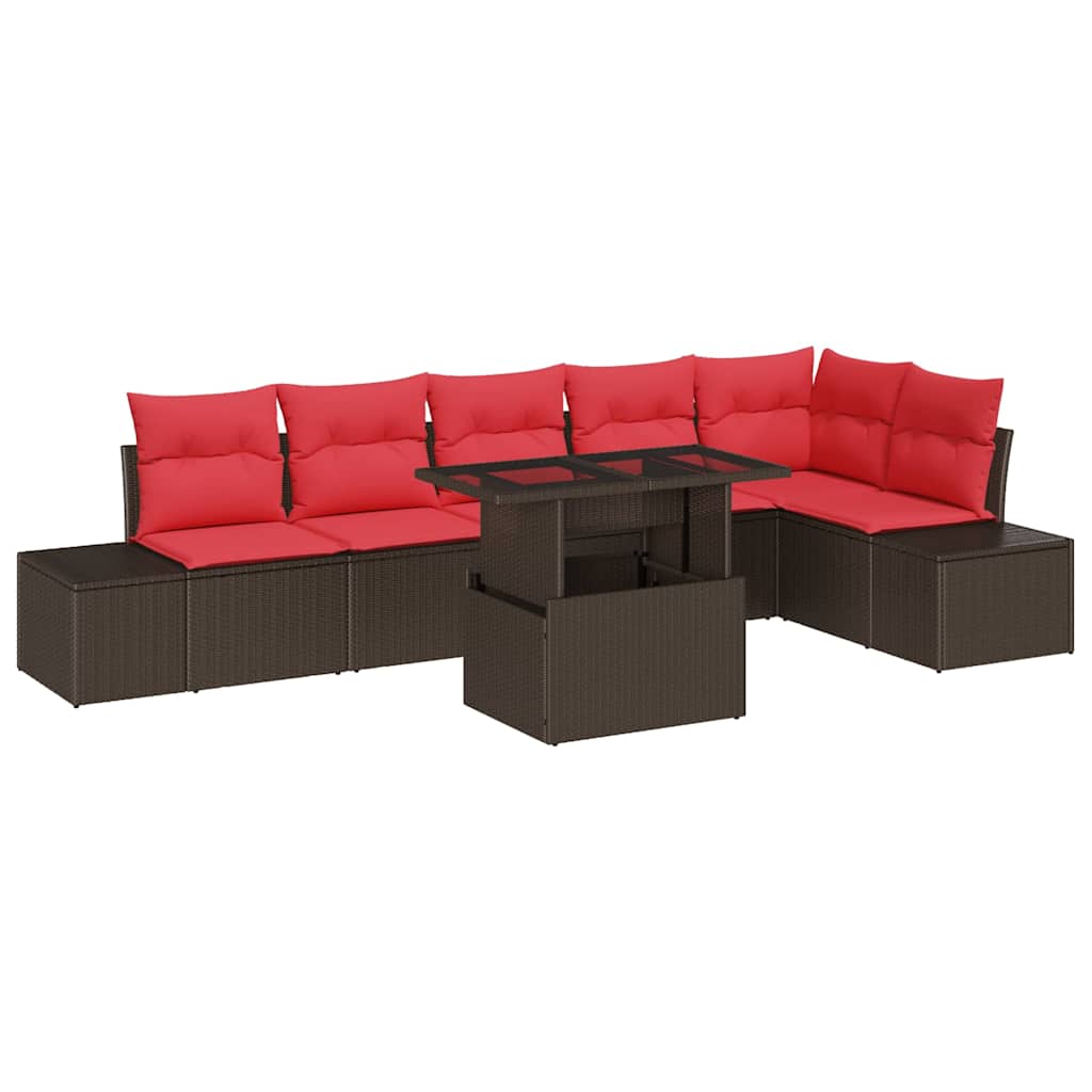 vidaXL Garden Sofa Set with Cushions 7 pcs Brown and Red Poly Rattan