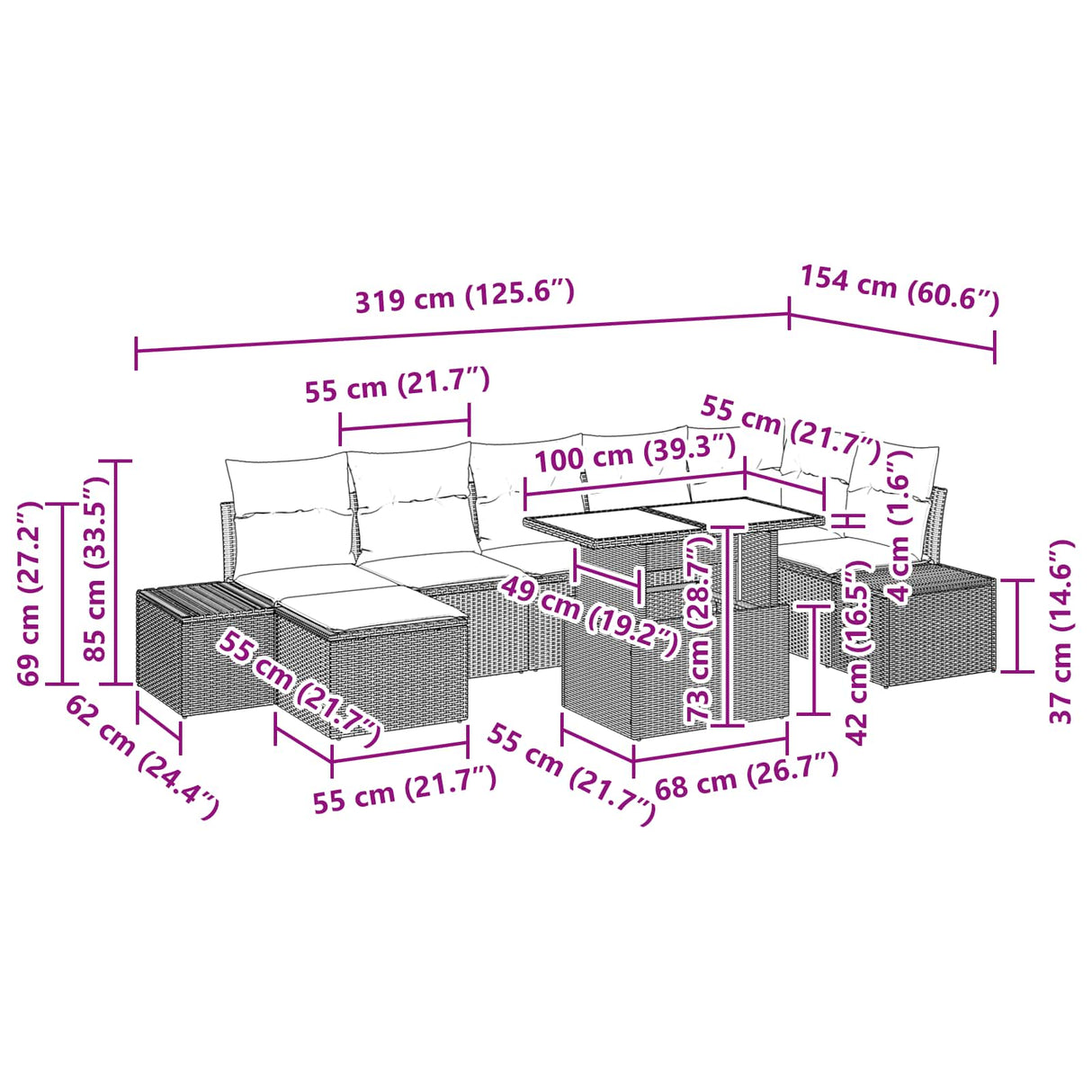 vidaXL Tuinbank Set met kussen 8 pcs Bruin en Rood poly rattan