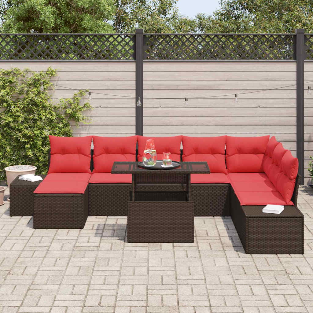 vidaXL Tuinbank Set met kussen 9 pcs Bruin en Rood poly rattan