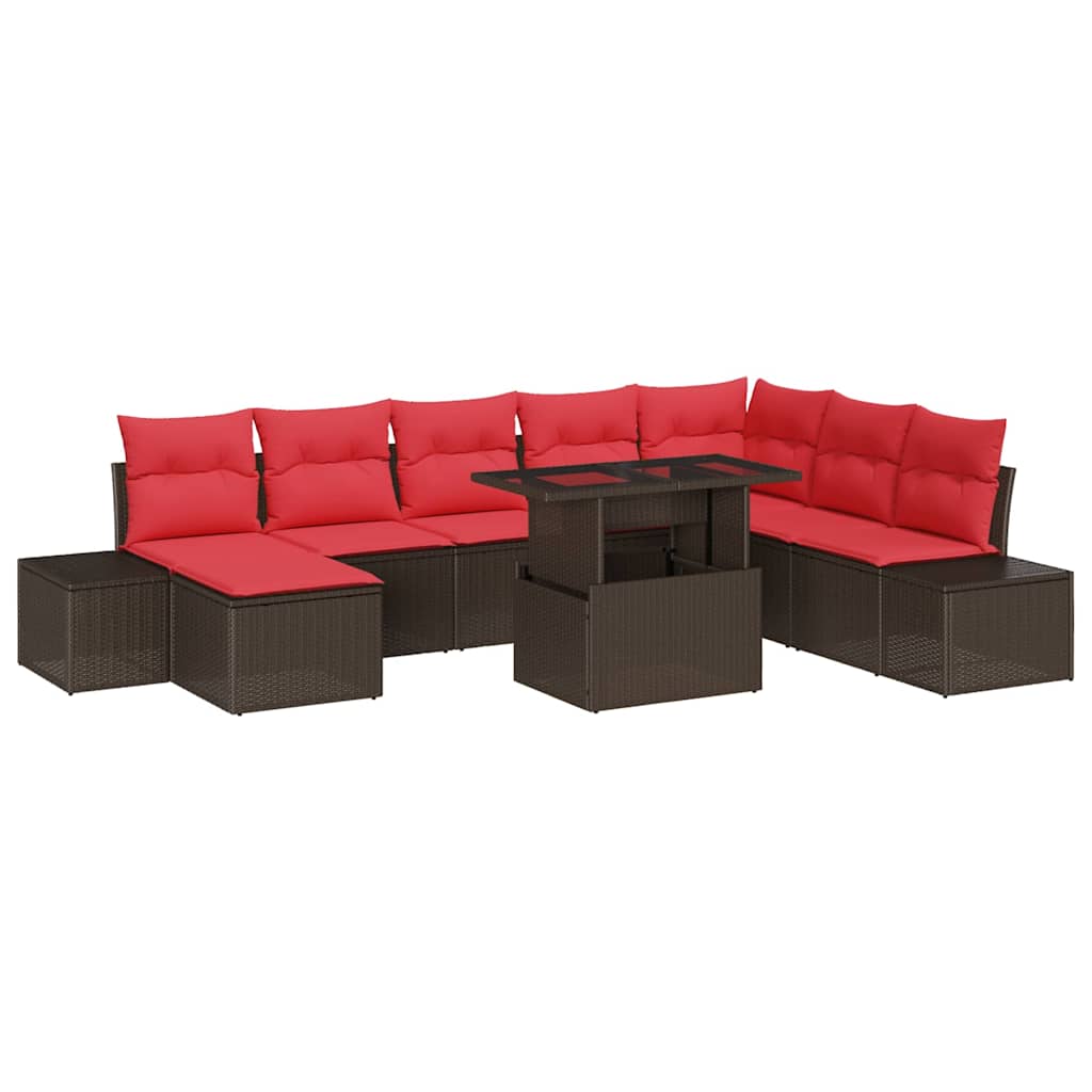 vidaXL Tuinbank Set met kussen 9 pcs Bruin en Rood poly rattan