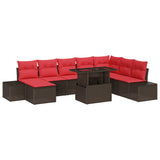vidaXL Tuinbank Set met kussen 9 pcs Bruin en Rood poly rattan