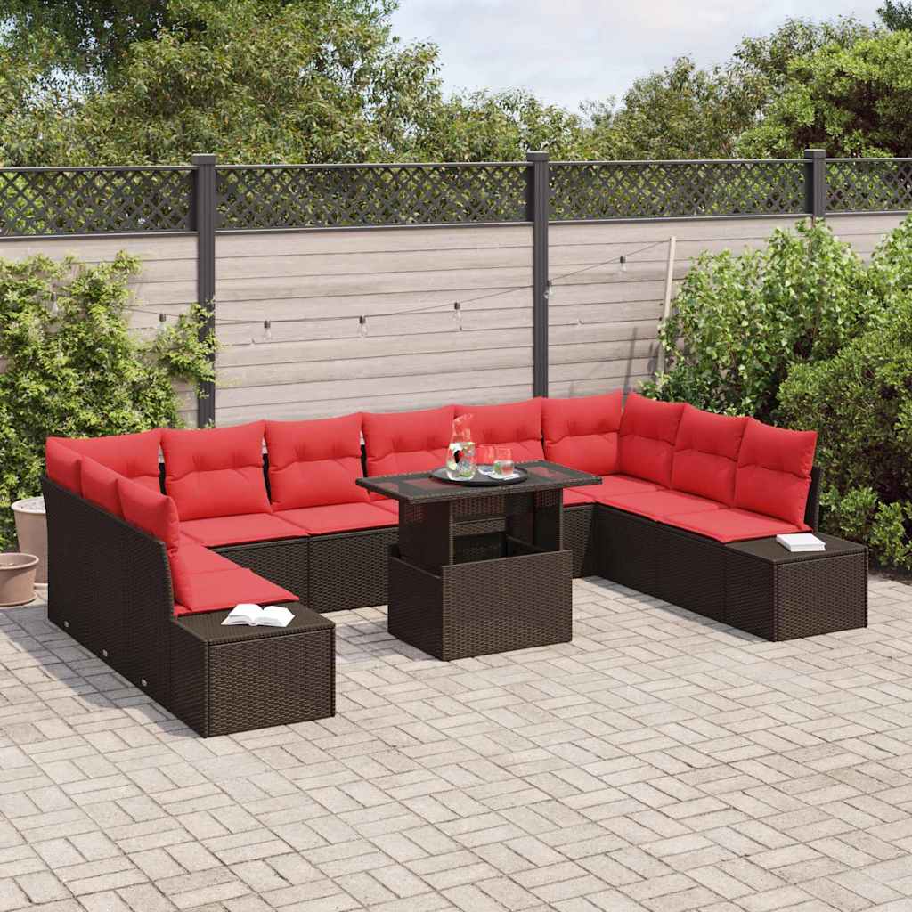 vidaXL Tuinbank Set met kussen 11 pcs Bruin en Rood poly rattan