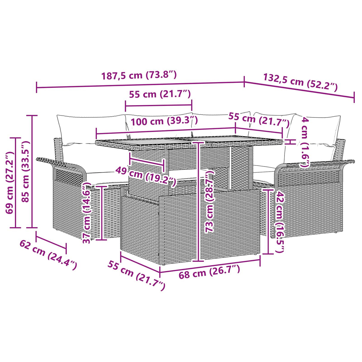vidaXL Tuinbank Set met kussen met opslag 5 pcs grijs en marineblauw