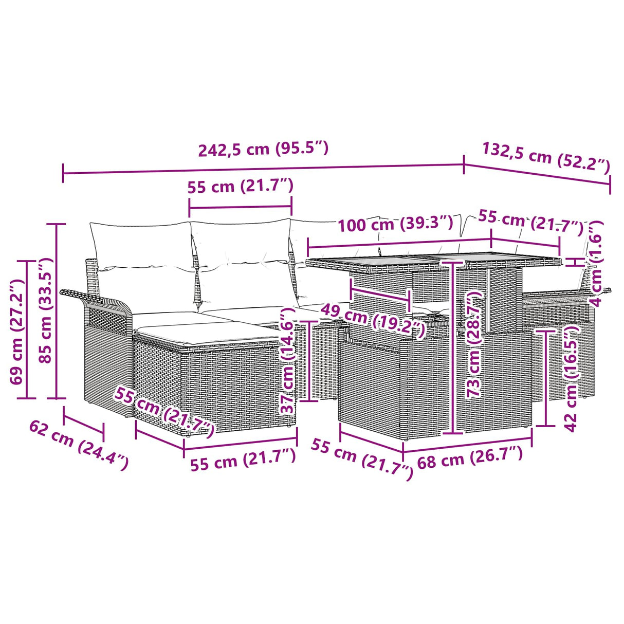 vidaXL Tuinbank Set met kussen 7 pcs grijs en marineblauw