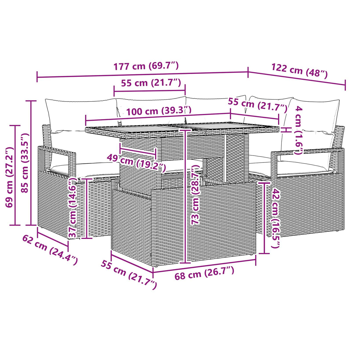 vidaXL Tuin Eettafel Set met kussen 5 pcs Grijs en Marineblauw