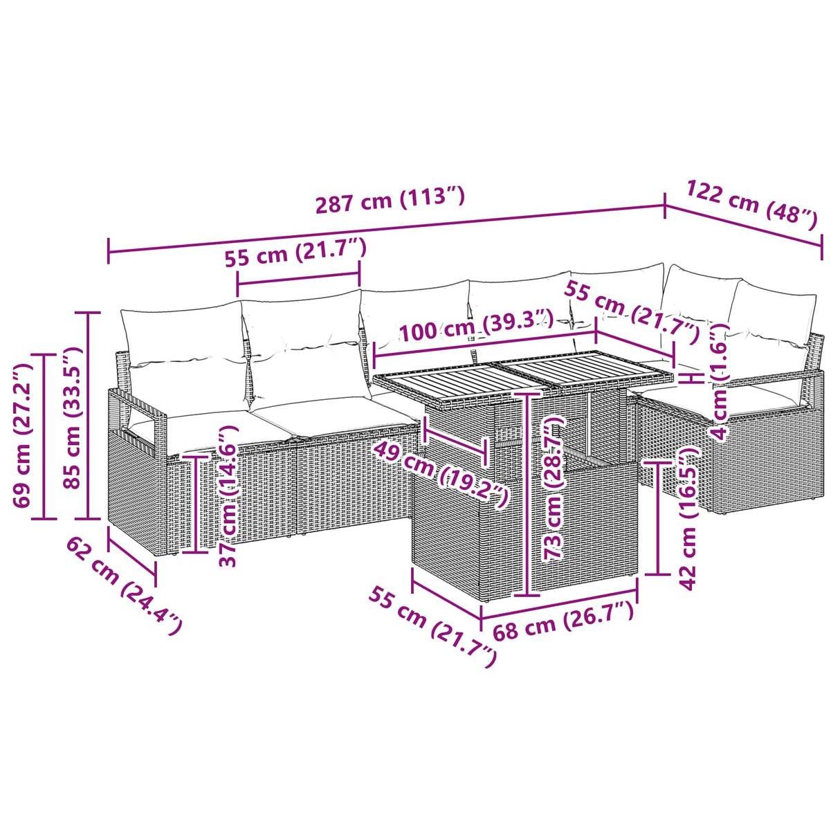vidaXL Tuin Eettafel Set met kussen 7 pcs Grijs en Marineblauw