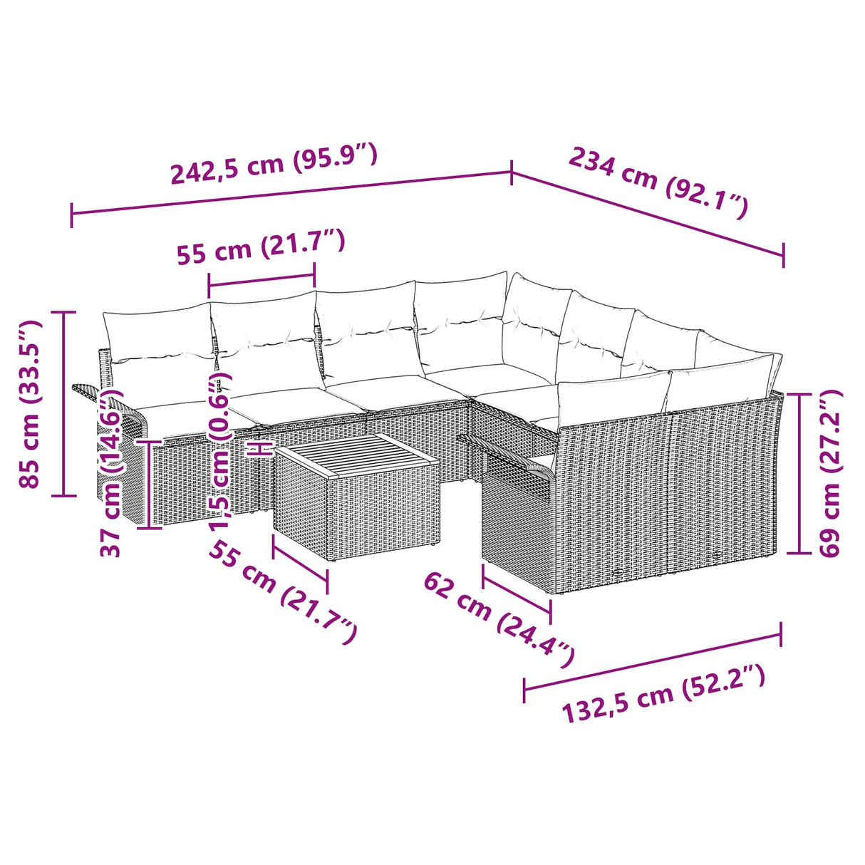 vidaXL Garden Lounge Set with Storage 9 pcs Grey and Navy Blue poly rattan