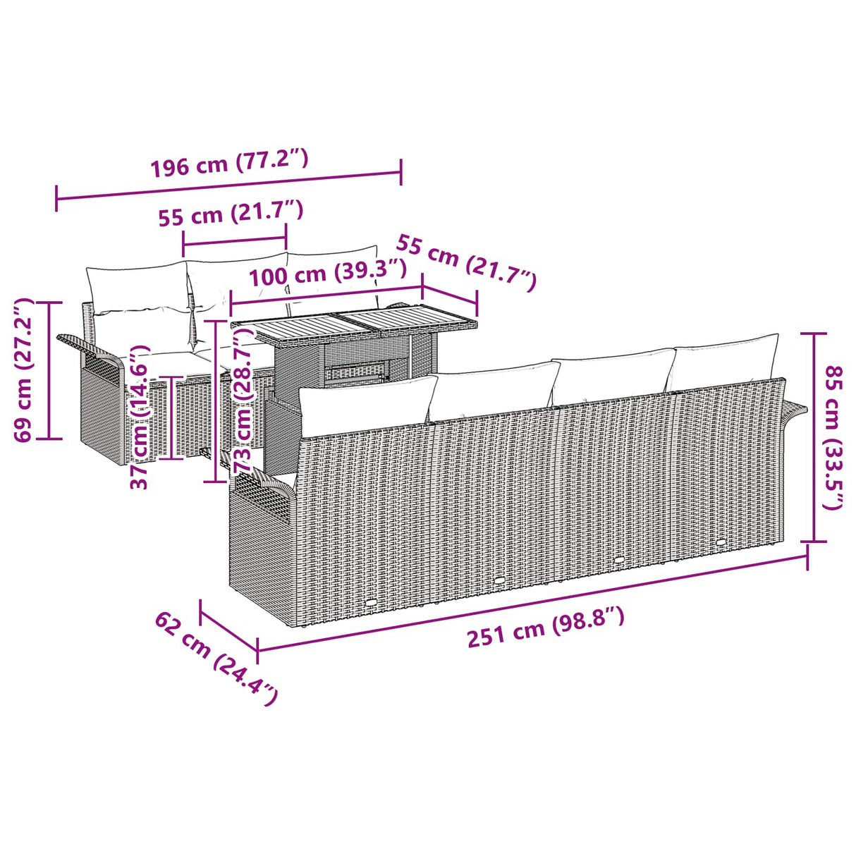 vidaXL Tuinbank Set met opslag 8 pcs Grijs Poly rattan