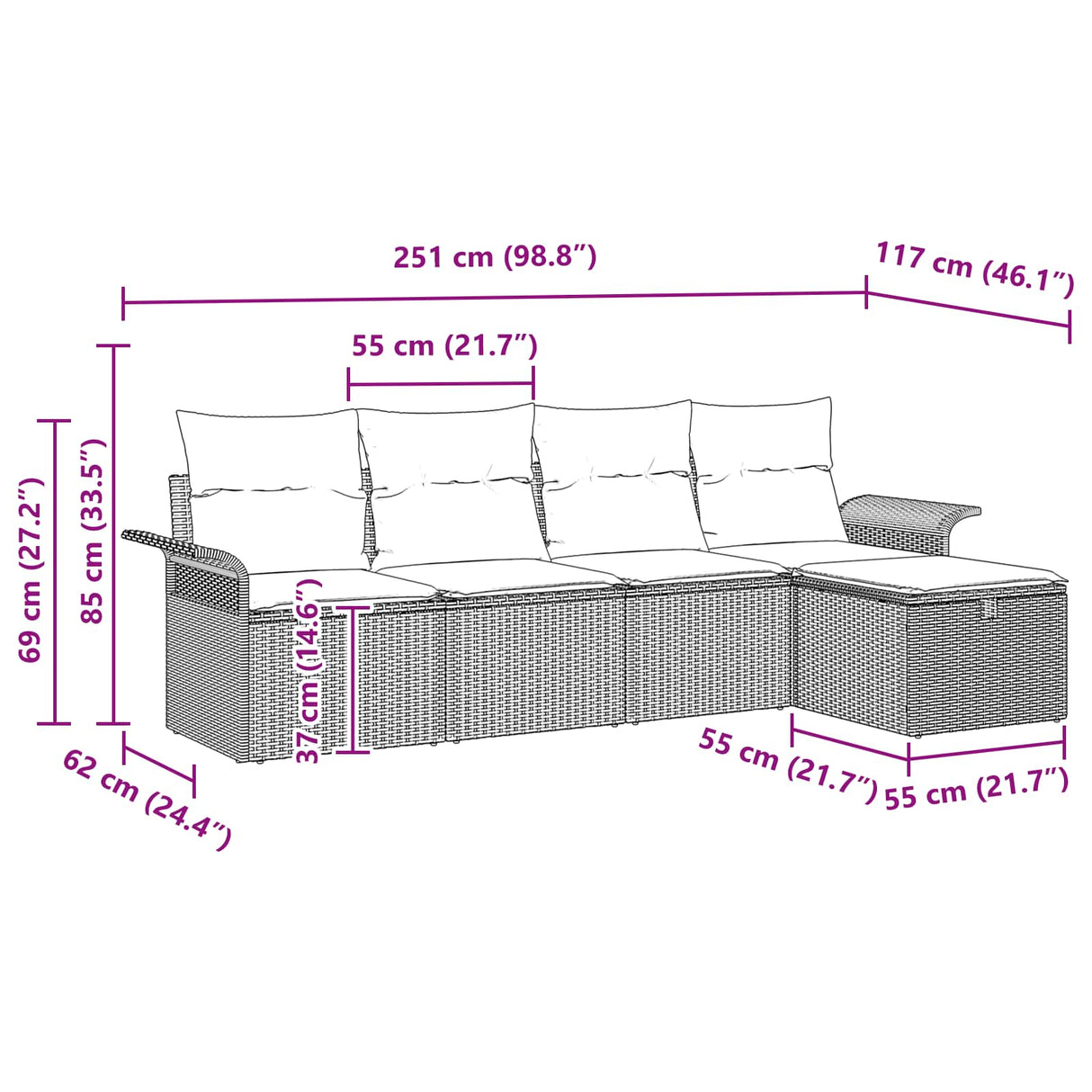 vidaXL Tuinbank Set met kussen 5 pcs Bruin en Rood poly rattan