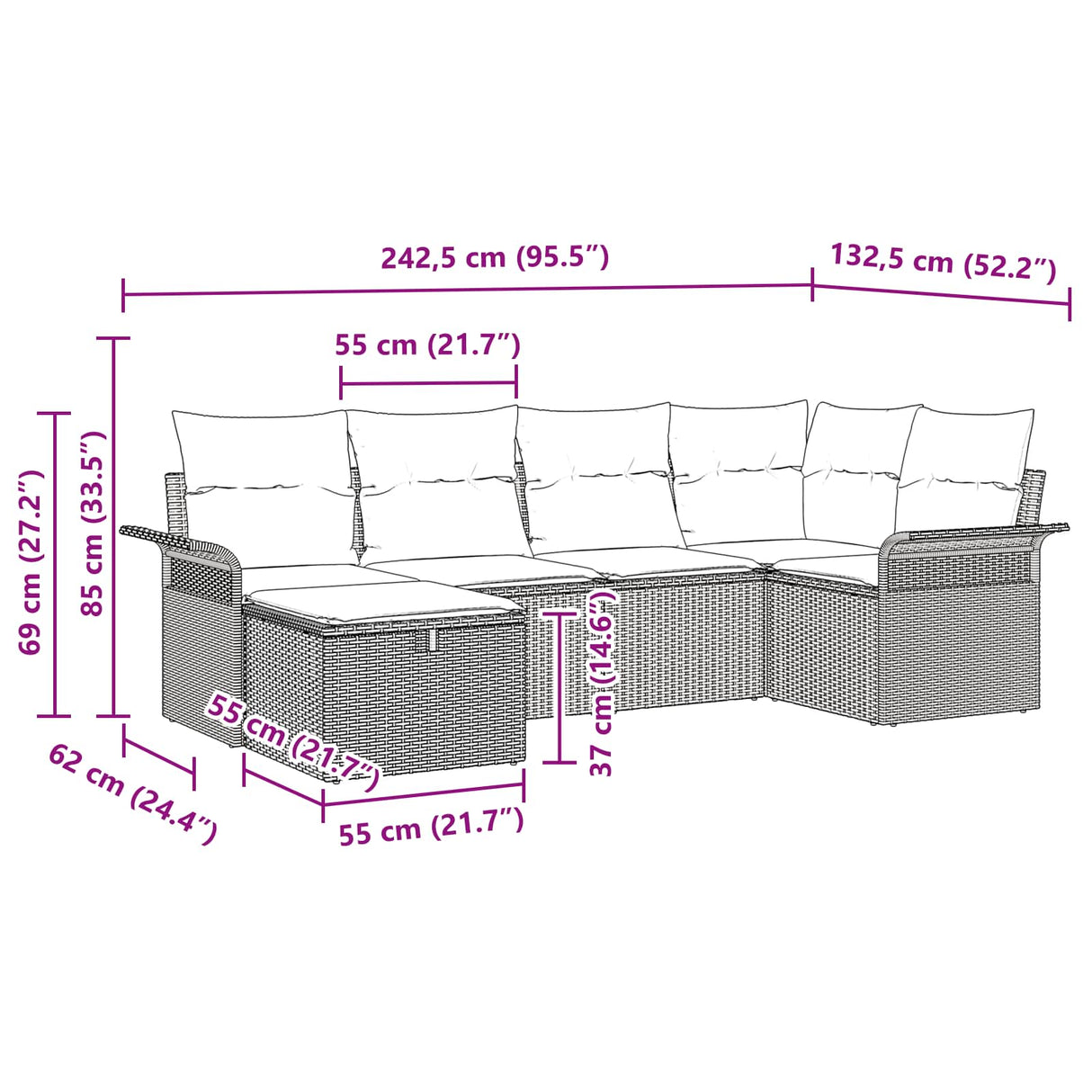 vidaXL Tuinbank Set met kussen 6 pcs Bruin en Rood poly rattan
