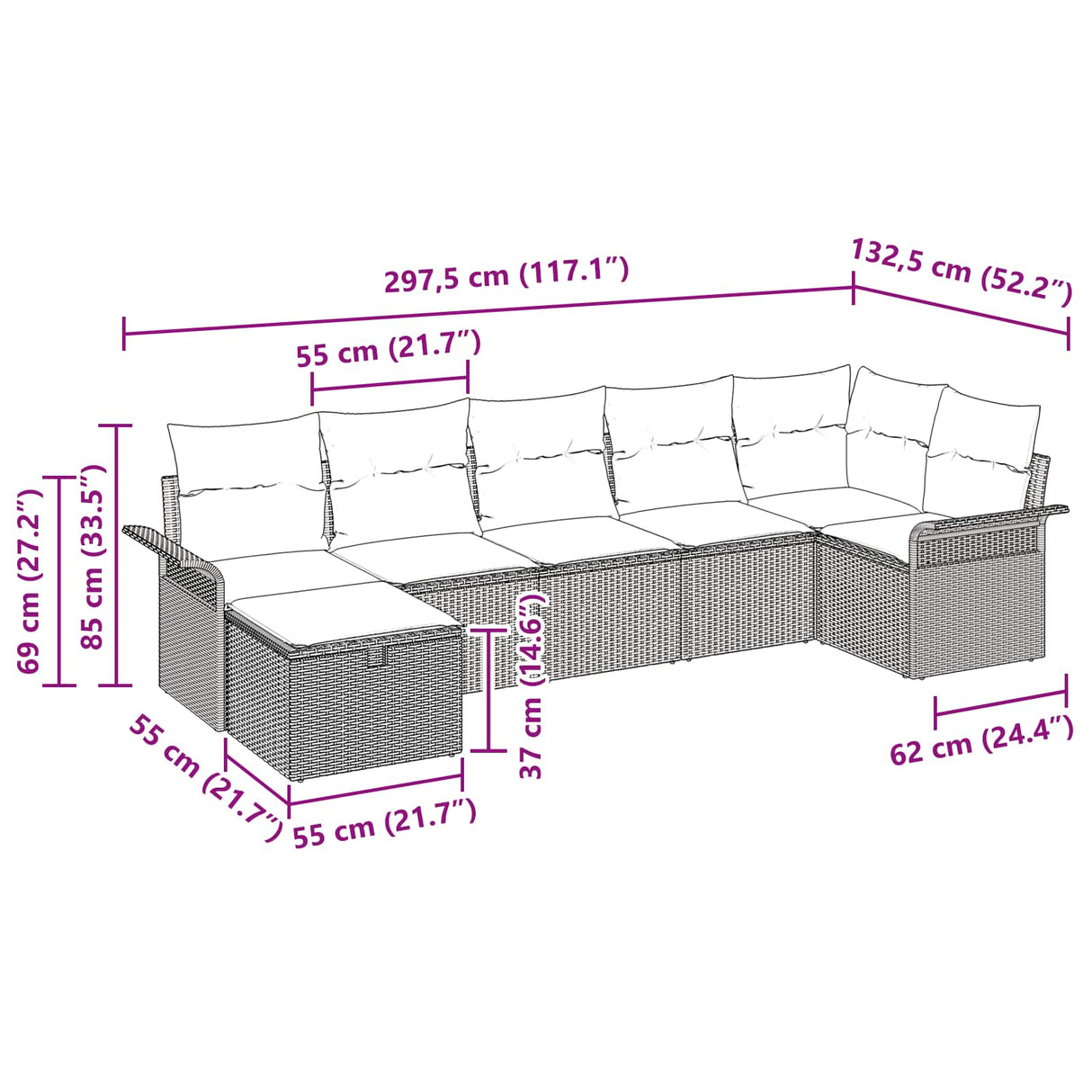vidaXL Tuinbank Set met kussen 7 pcs Bruin en Rood poly rattan