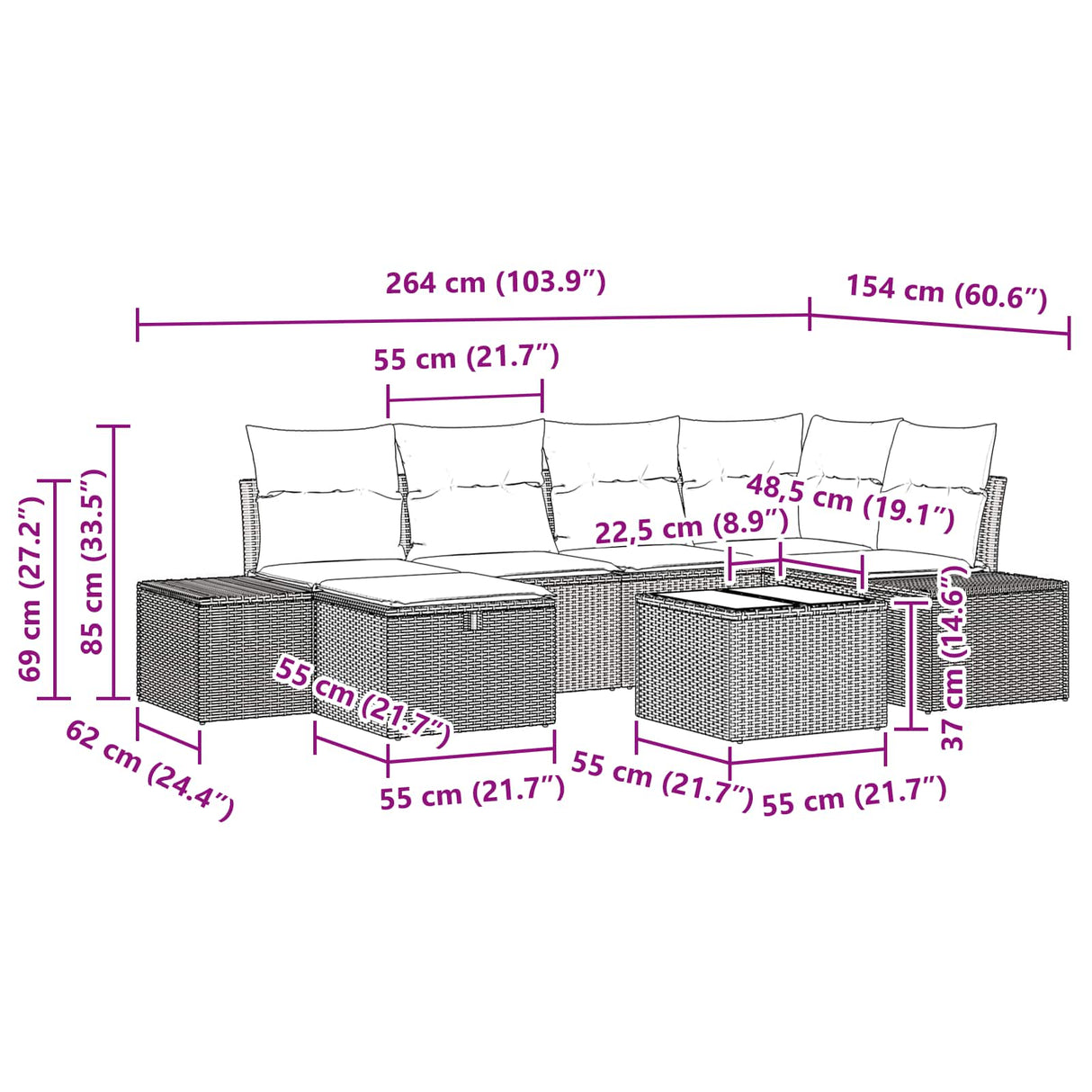 vidaXL Tuinbank Set met kussen 6 pcs Bruin poly rattan