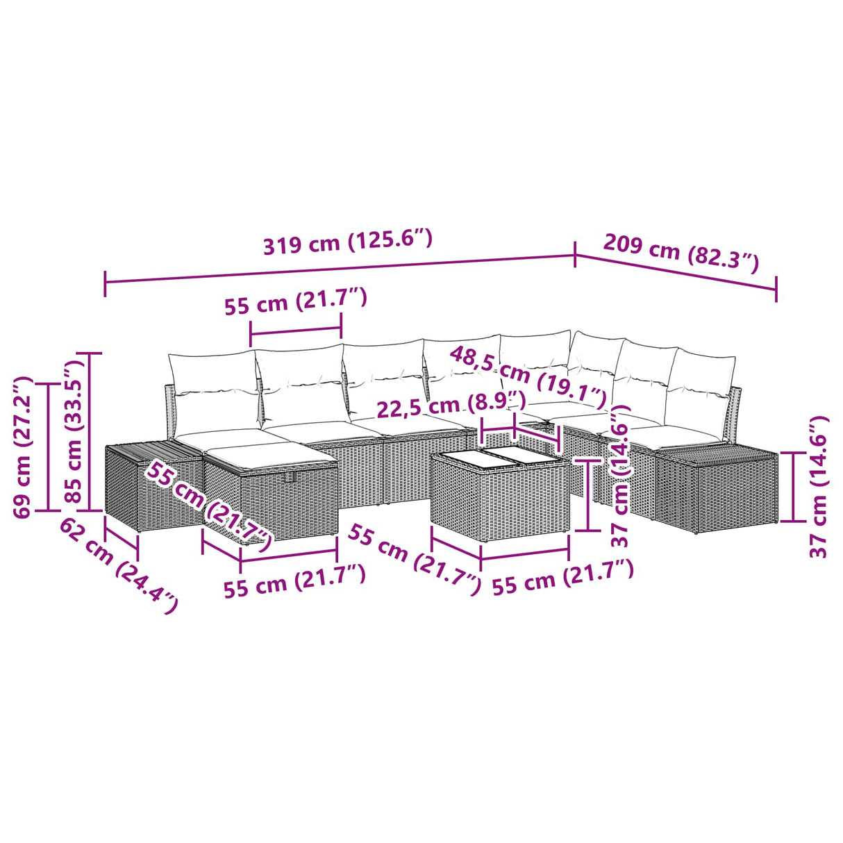 vidaXL Garden Lounge Set with cushions 8 pcs Brown poly rattan