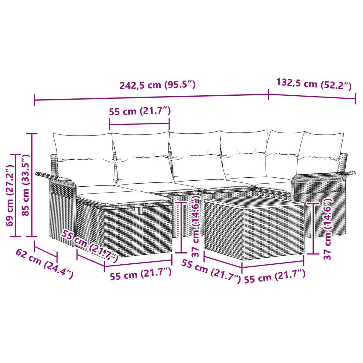 vidaXL Garden Sofa Set with Cushion and Storage 7 pcs Grey Poly Rattan