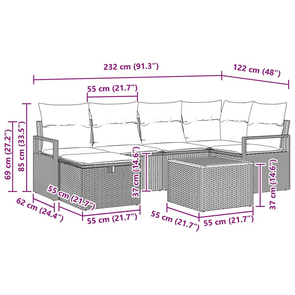 vidaXL Ensemble de banc de jardin avec coussins et espace de rangement 7 pcs Rotin synthétique Gris