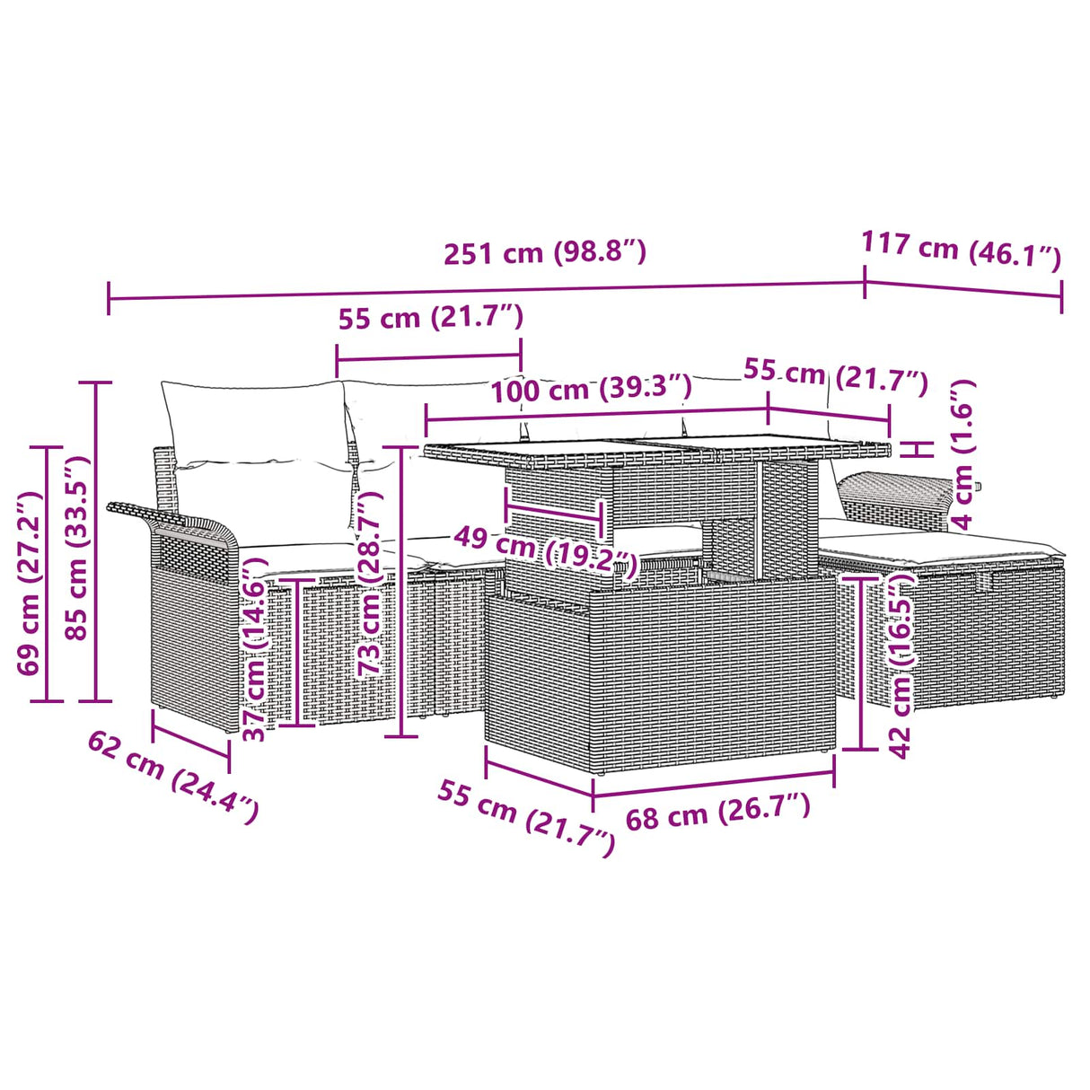 vidaXL Tuinbank Set met kussen met opslag 6 pcs Bruin Poly rattan