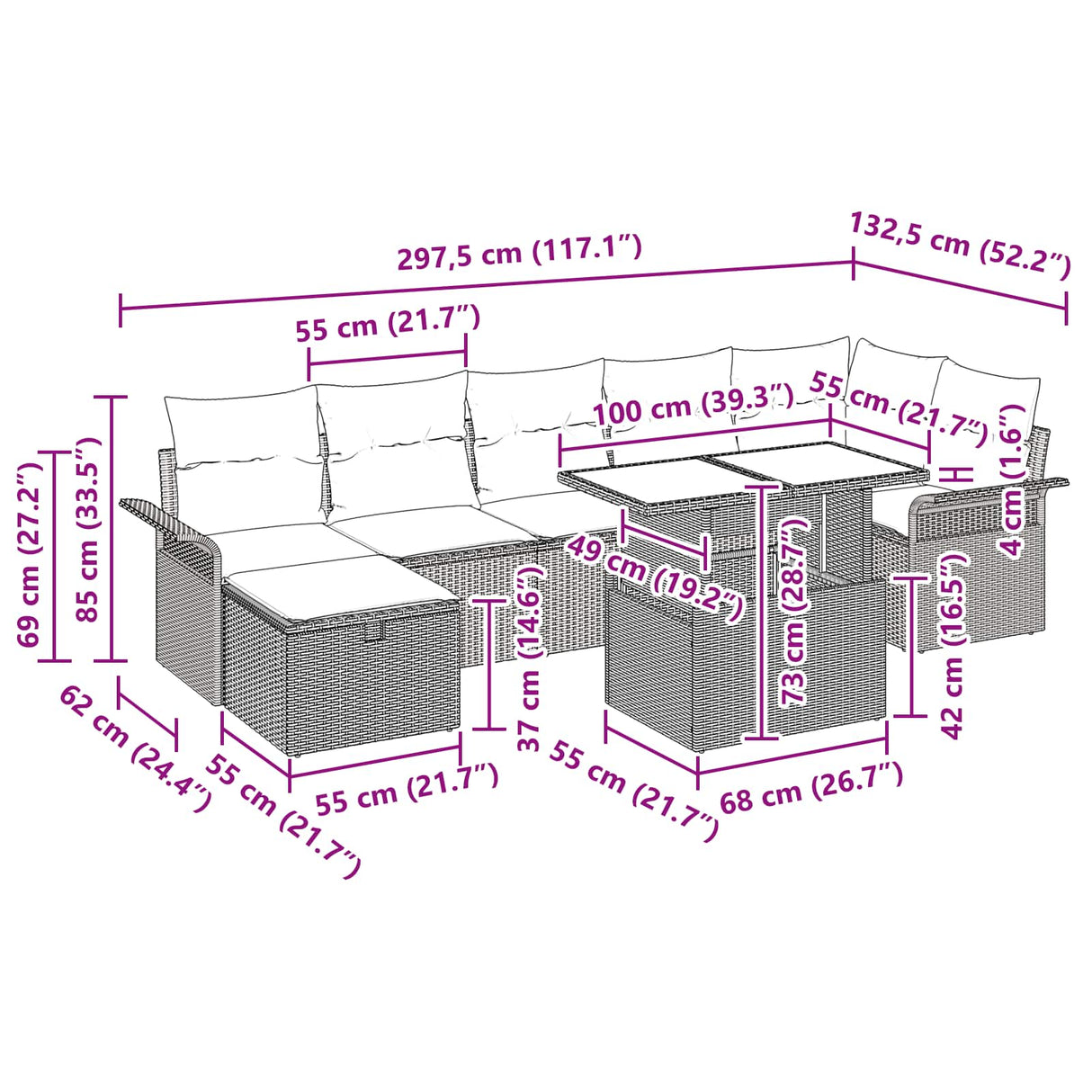 vidaXL Tuinbank Set met kussen met opslag 8 pcs Bruin Poly rattan