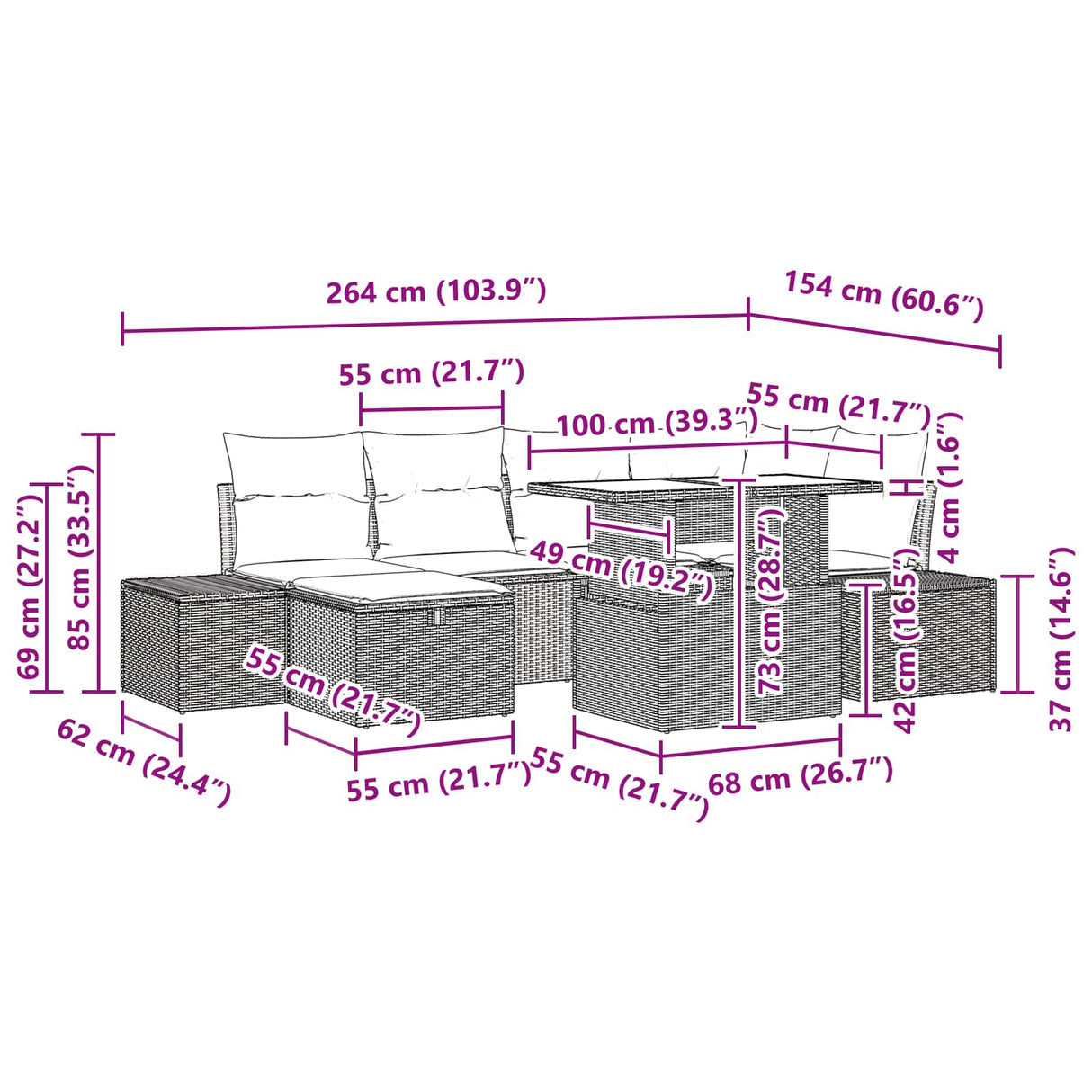 vidaXL Tuinbank Set met kussen met opslag 7 pcs poly rattan