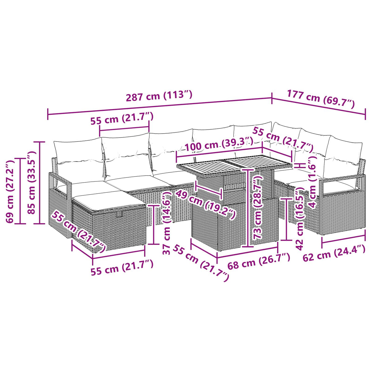 vidaXL Tuinbank Set met kussen met opslag 9 pcs Grijs poly rattan