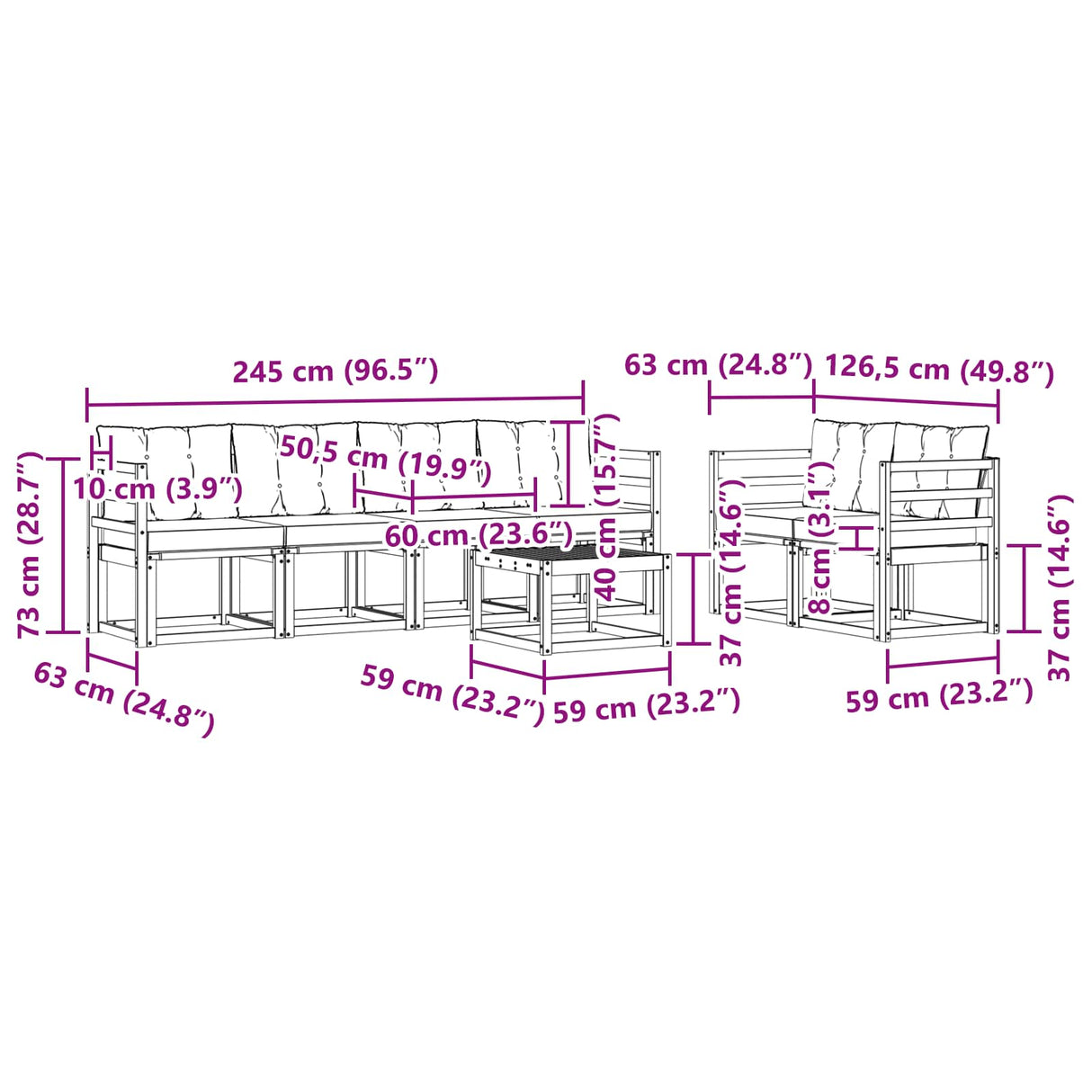 vidaXL Buiten bank set met kussen 7 pcs Natuurlijk en Crème