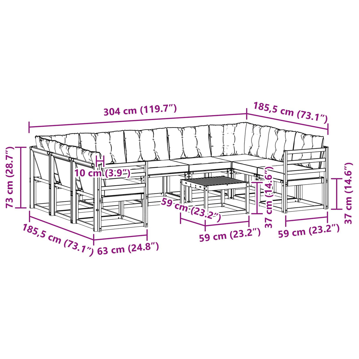 vidaXL Outdoor Sofa Set 10 pcs Natural and Cream Solid Acacia Wood