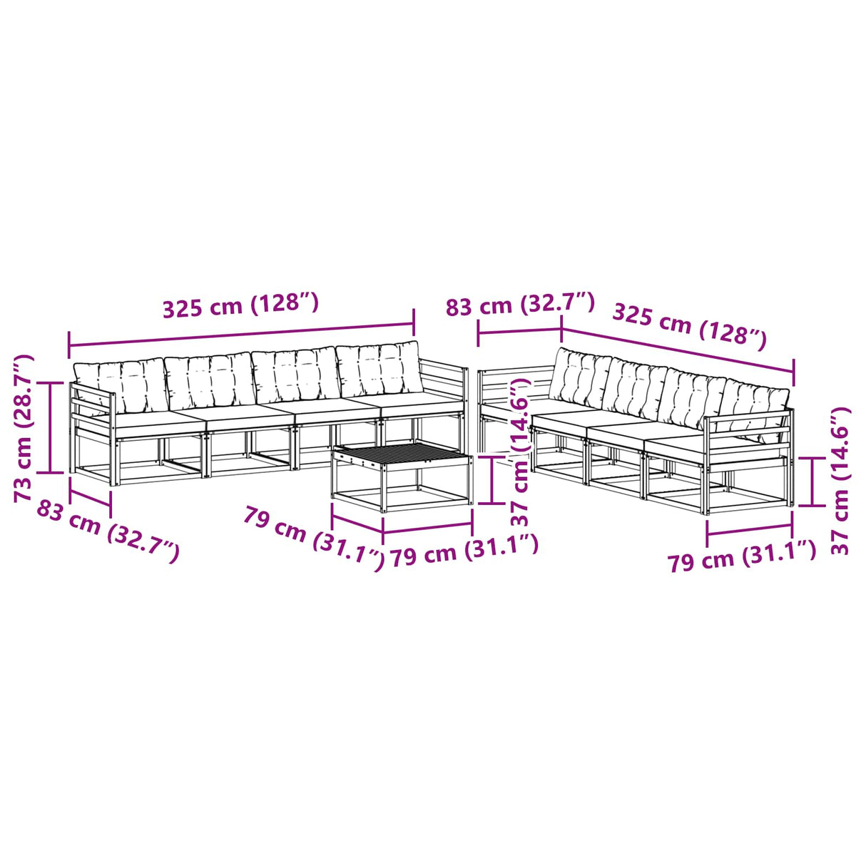 vidaXL Buiten bank set met kussen 9 pcs Natuurlijk en Crème